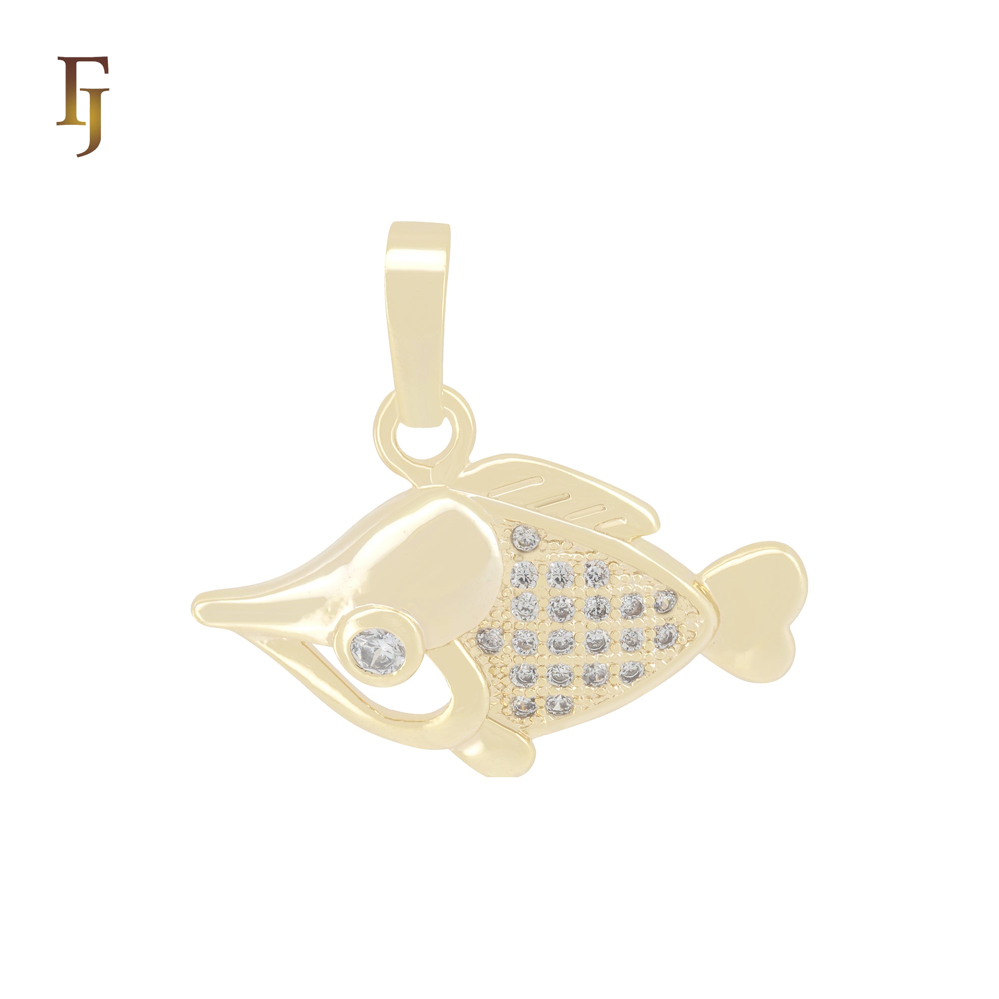 Fish of heart white CZ cluster 14K Gold Pendant