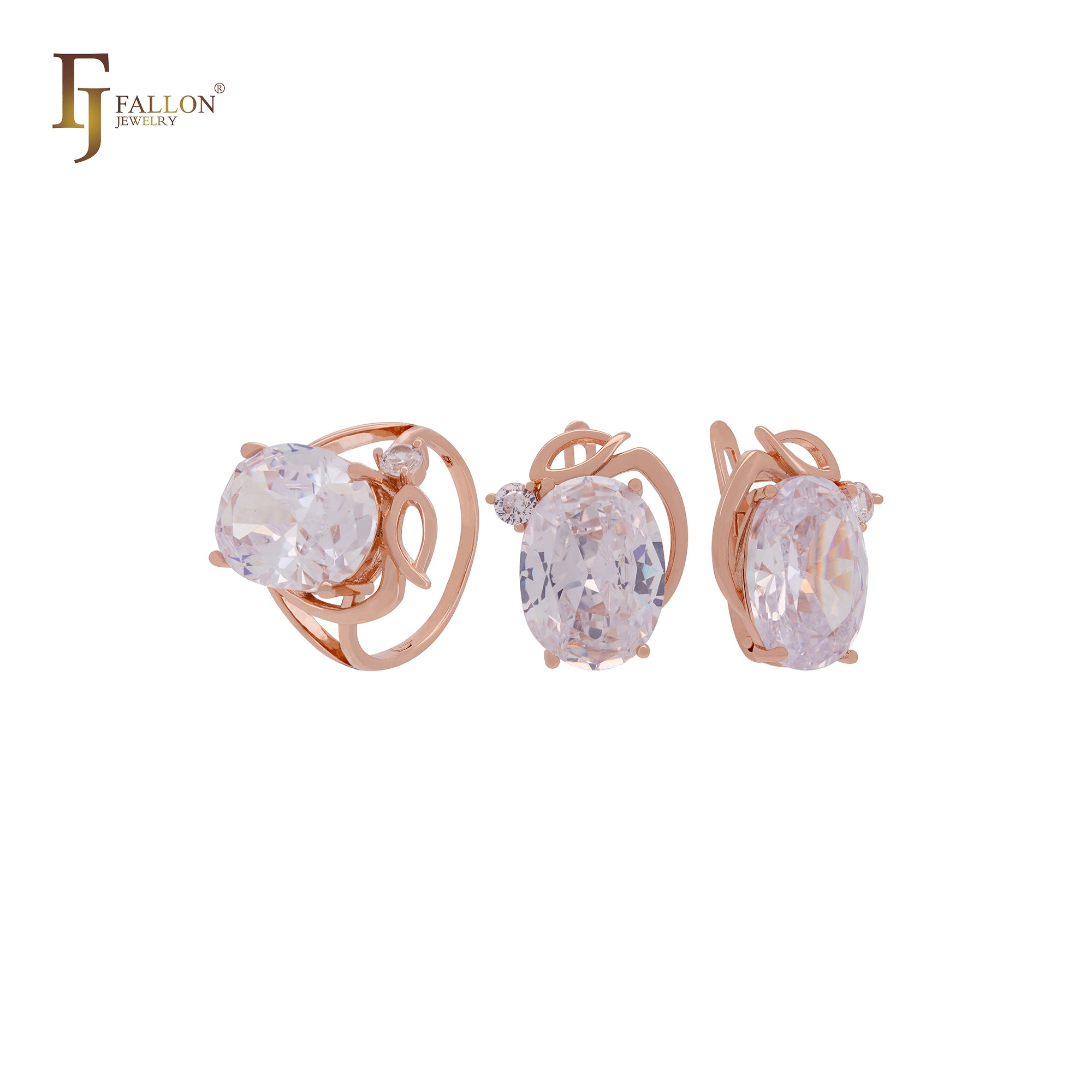 Lujoso conjunto de joyas de oro rosa con anillos, solitario grande ovalado gigante con circonitas blancas, naranjas o azul lago.