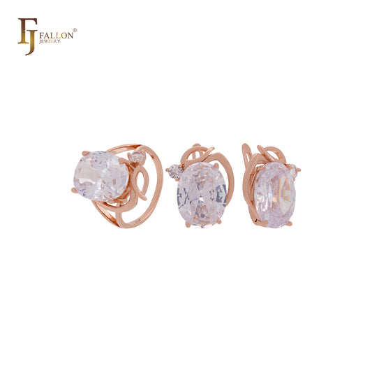 Lujoso conjunto de joyas de oro rosa con anillos, solitario grande ovalado gigante con circonitas blancas, naranjas o azul lago.