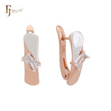 Pendientes de clip anchos de oro rosa en dos tonos con solitario de circonita blanca de corte rectangular