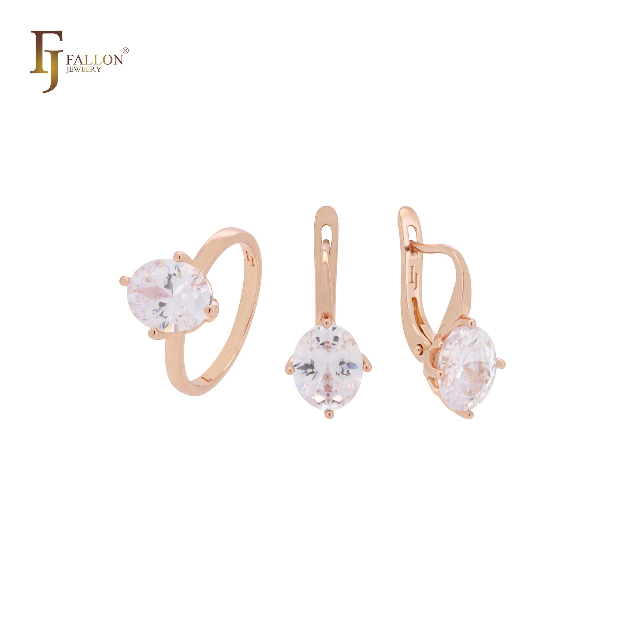 Conjunto de joyas de oro rosa con circonita blanca de corte ovalado y solitario grande con anillos
