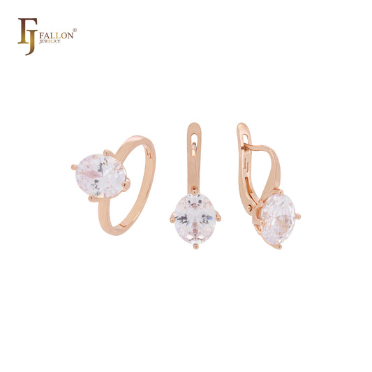 Conjunto de joyas de oro rosa con circonita blanca de corte ovalado y solitario grande con anillos