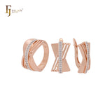 Conjunto de joyas de oro rosa de dos tonos con anillos y corte geométrico superpuesto de circonitas blancas