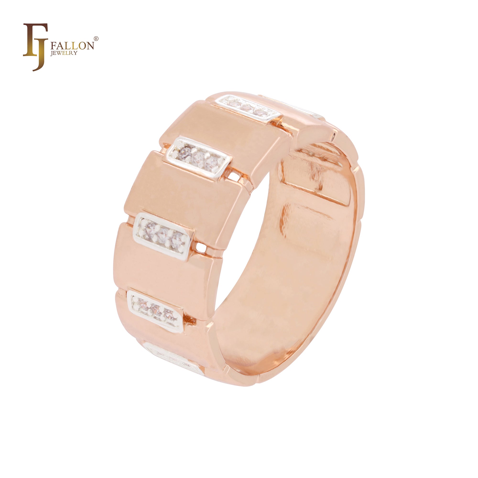 Anillos de moda de oro rosa de dos tonos con circonitas blancas y diseño repetitivo regular.