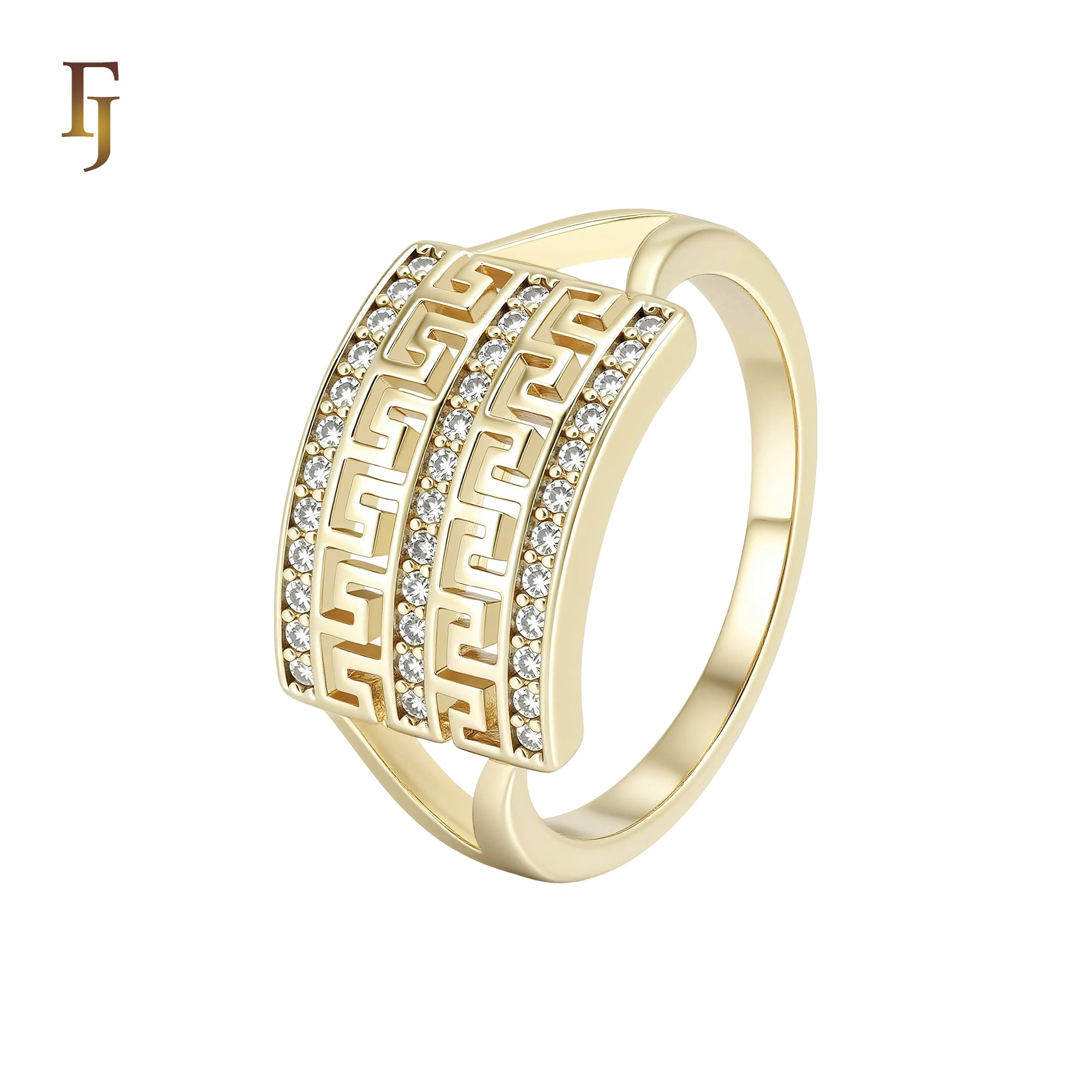 Triple Band of white CZs and double Greek Key 14K Gold Fashion Rings