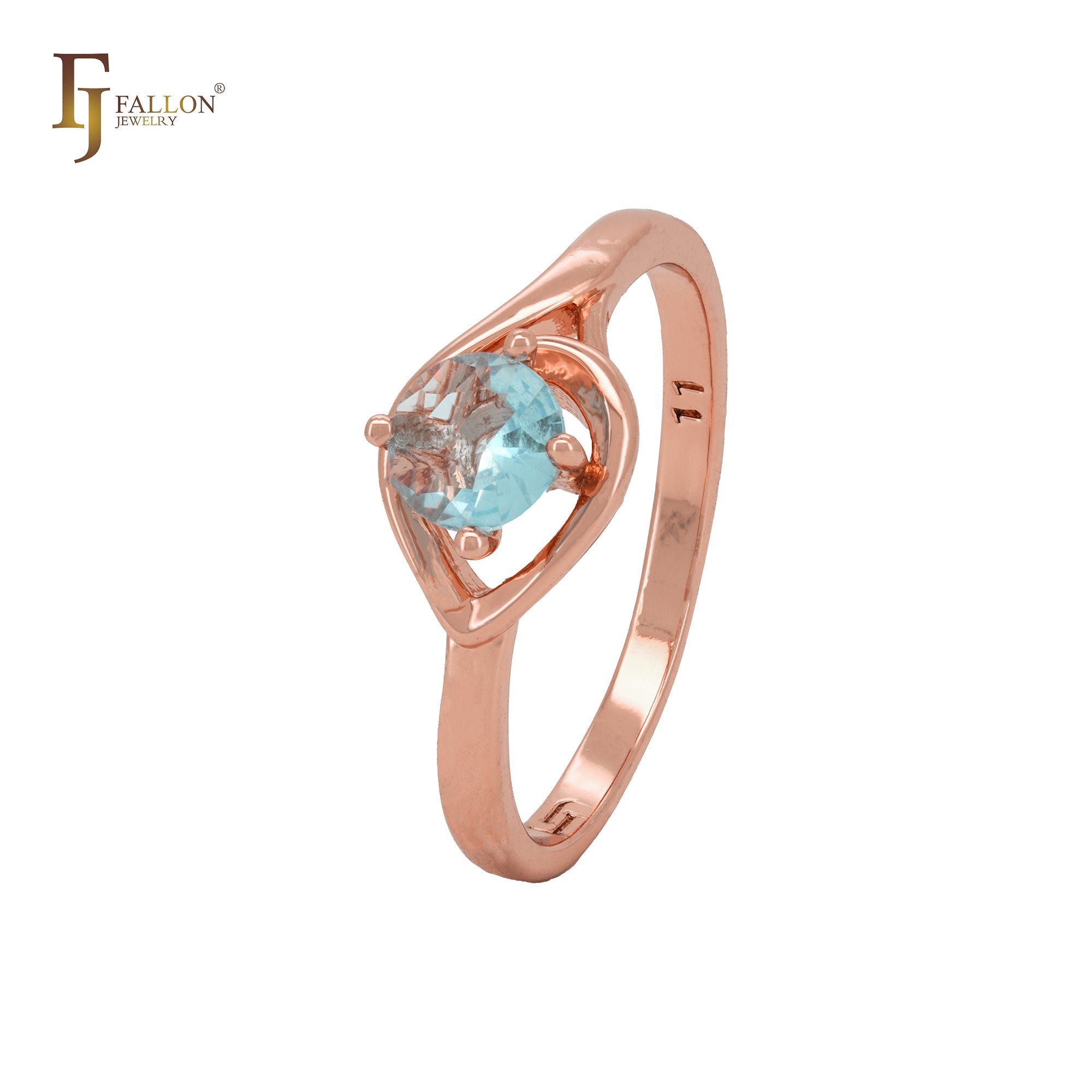 Anillo de compromiso de oro rosa con solitario redondo de circonita azul lago
