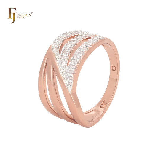Anillos de moda en oro rosa con tres filas entrelazadas y circonitas blancas