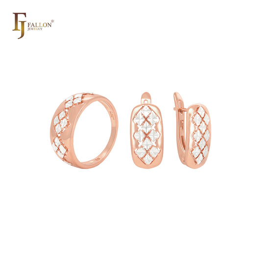 Conjunto de joyas de oro rosa en dos tonos con mil triples geométricos y anillos