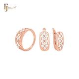 Conjunto de joyas de oro rosa en dos tonos con mil triples geométricos y anillos