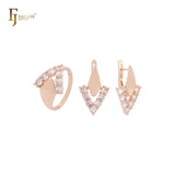 Conjunto de joyas con anillos en oro rosa y circonitas cúbicas blancas en forma de V y forma de chevrón.