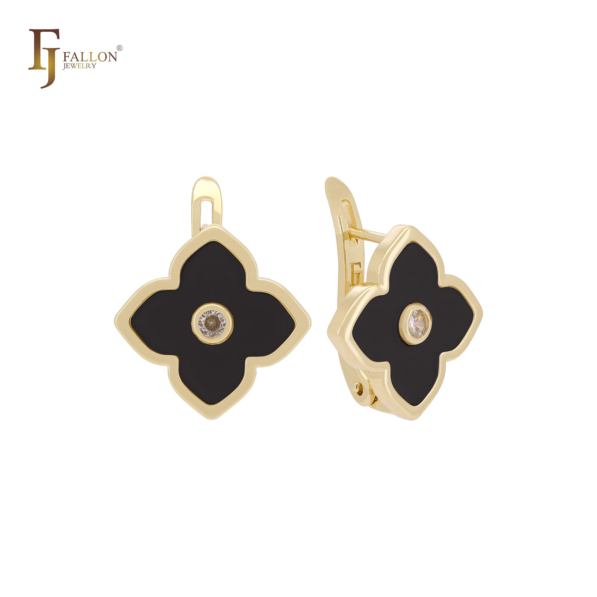 Pendientes de clip de oro rosa con trébol de la suerte de color blanco o negro de loto