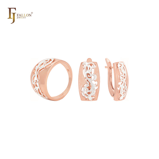 Conjunto de joyas de filigrana de pluma de fénix en oro rosa de dos tonos con anillos