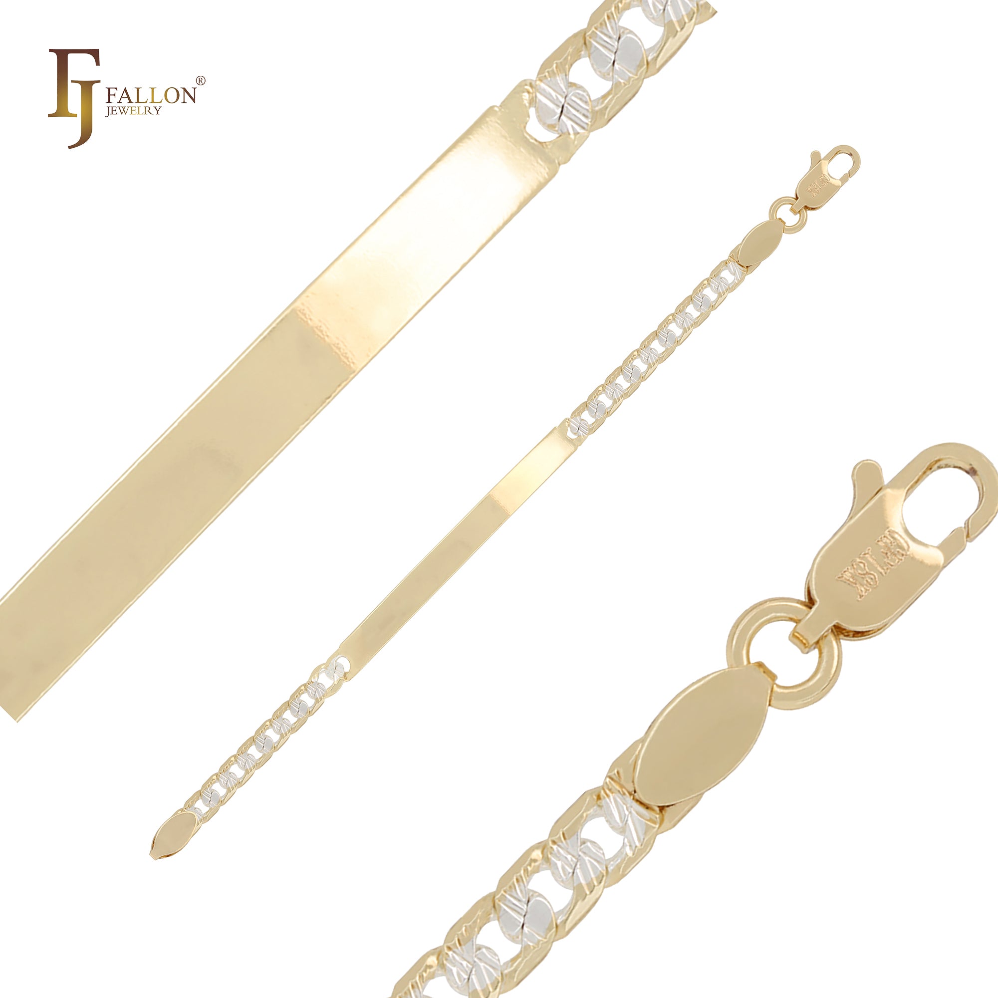 Pulseras de identificación para hombre de oro de 14 quilates en dos tonos con eslabones martillados en cruz