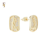 R or A Alphabetical paved white CZs 14K Gold Stud Earrings