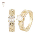 Solitaire white CZs Greek Key Double bands of white CZs 14K Gold, Rose Gold Wedding Set Rings