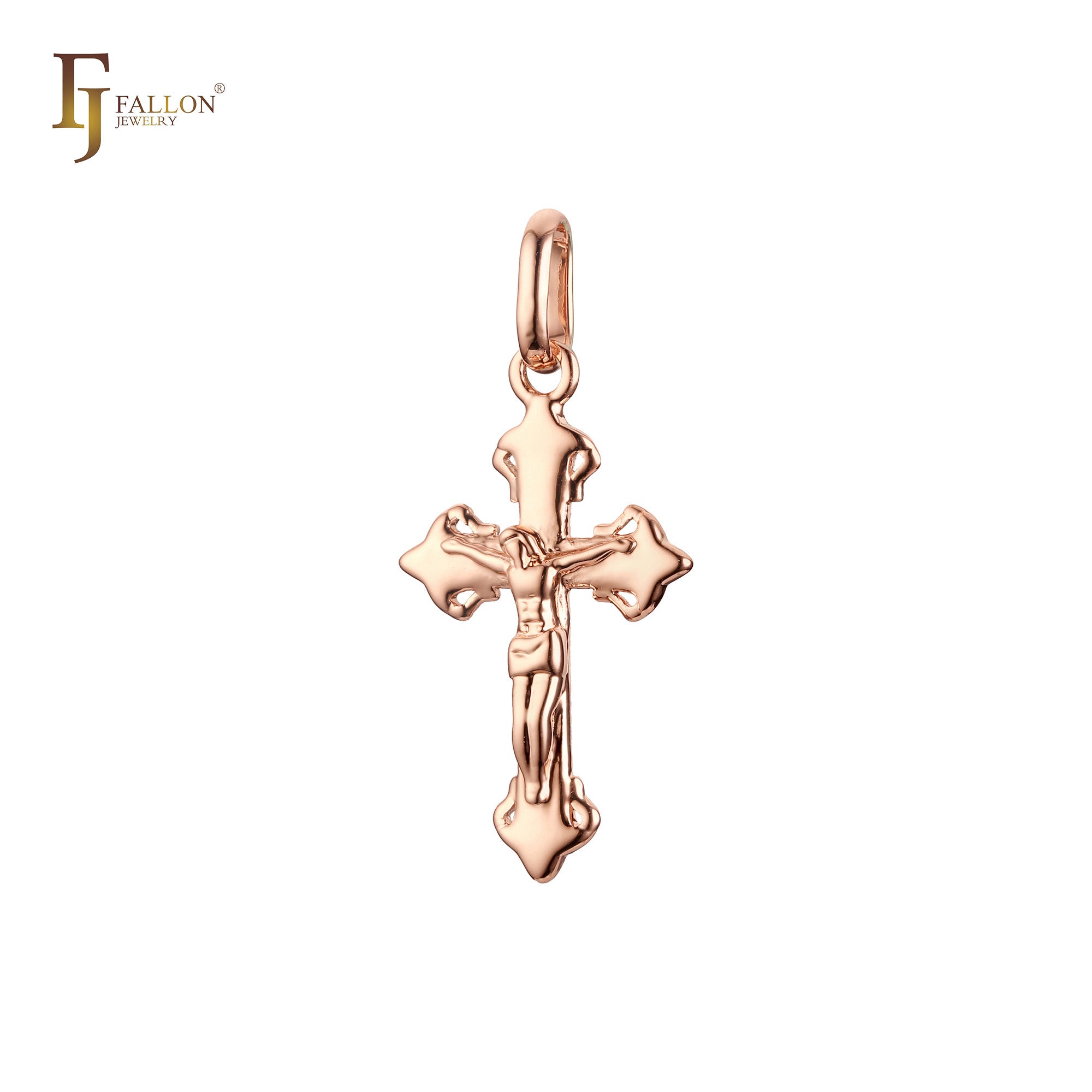 Glossy Rose Gold Orthodox Crucifix Cross Pendant