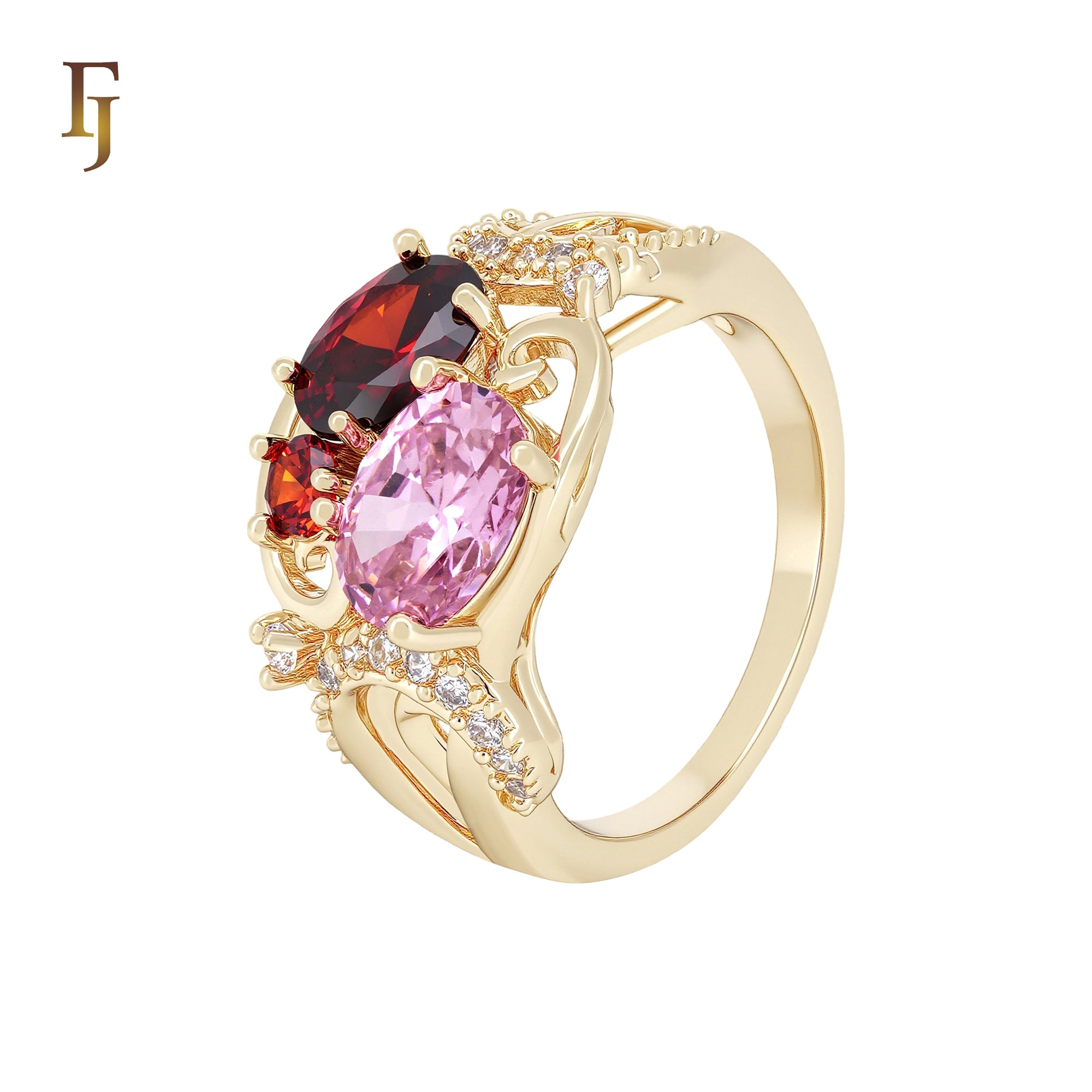 Scarlet Red and Pink Cluster Colorful stones 14K Gold Fashion Rings