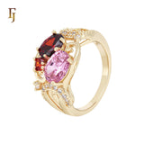 Scarlet Red and Pink Cluster Colorful stones 14K Gold Fashion Rings