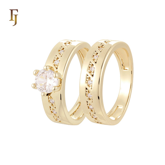 Center partial squared white CZs 14K Gold, Rose Gold Wedding Set Rings Engagement and Band