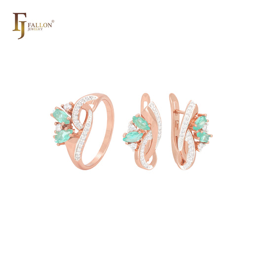 Conjunto de joyas de oro rosa de dos tonos con anillos y lazos entrelazados con circonitas cúbicas en racimo de esmeraldas