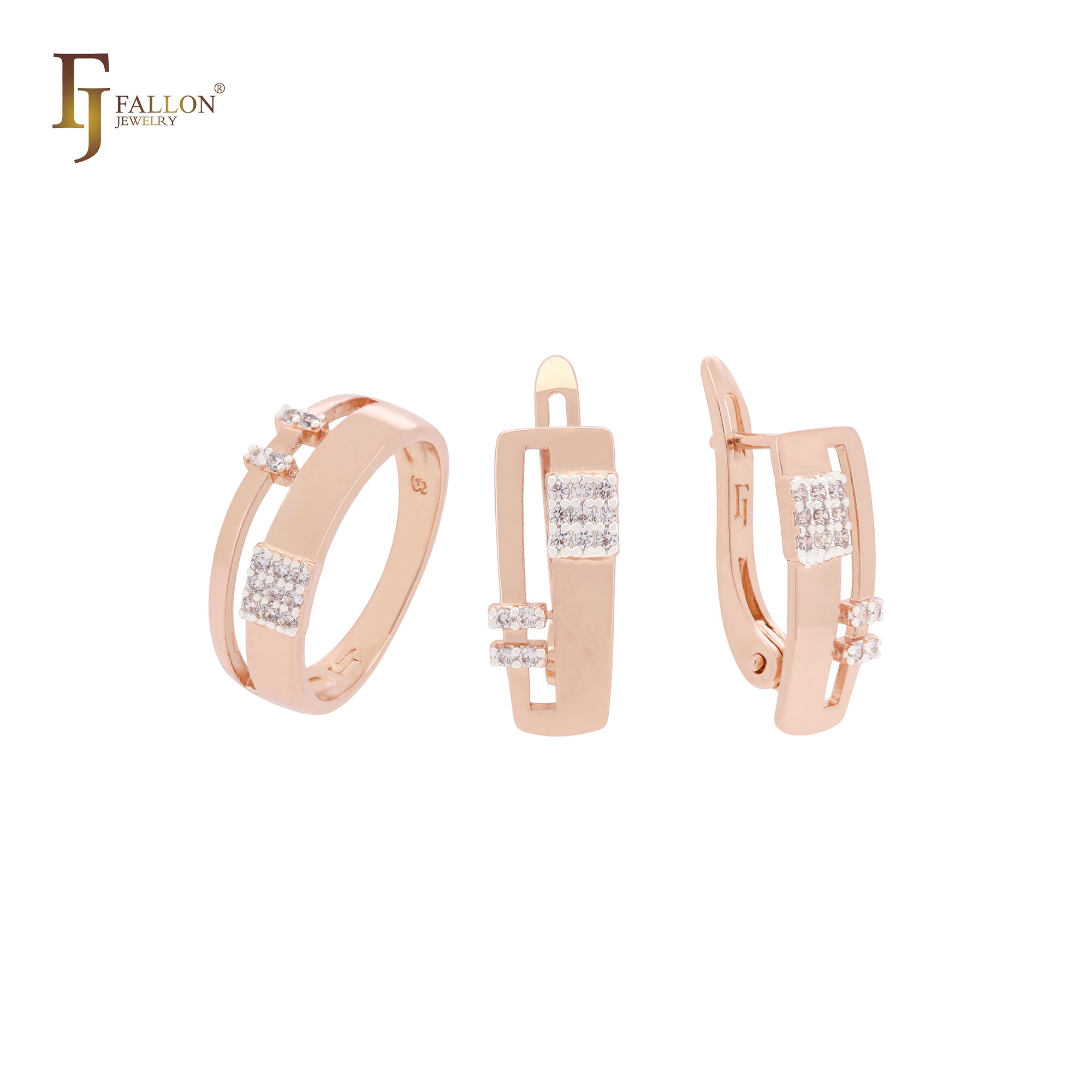 Conjunto de joyas geométricas de oro rosa bicolor con anillos y circonitas blancas cuadradas