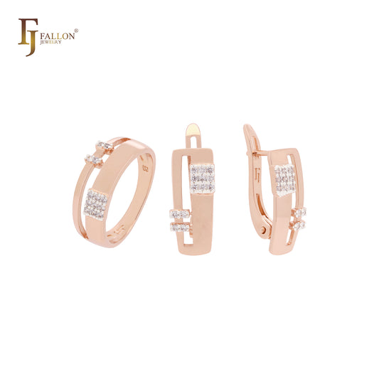 Conjunto de joyas geométricas de oro rosa bicolor con anillos y circonitas blancas cuadradas