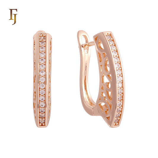 Single row of paved white CZs Rose GOld Russian Lock Earrings
