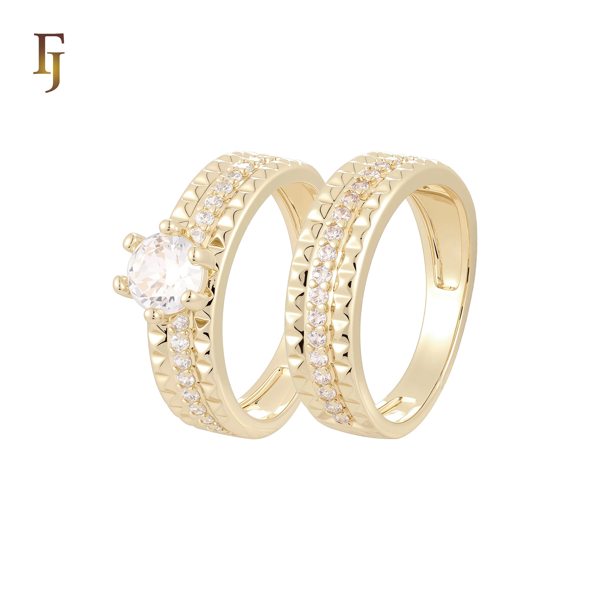 Rhombus textured center paved white CZs 14K Gold Wedding Set Rings Engagement and Band