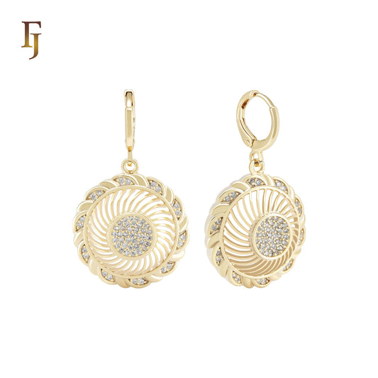 Drop Spinning disc of filigree and white CZs 14K Gold Huggie Earrings