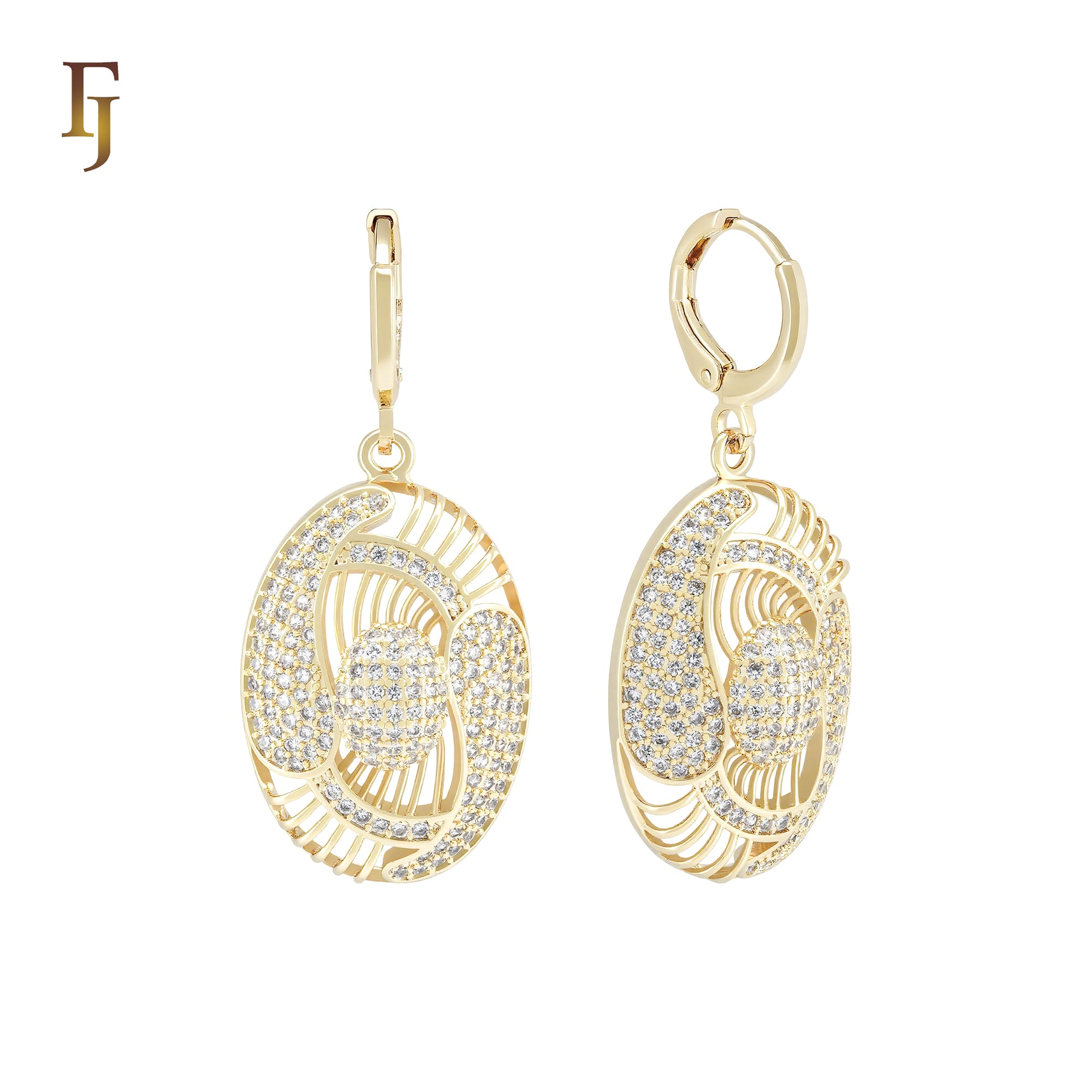 Oval filigree white CZs drop 14K Gold Huggie Earrings