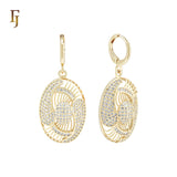 Oval filigree white CZs drop 14K Gold Huggie Earrings