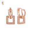 Drop Squared shaped white CZs Rose Gold Huggie Earrings