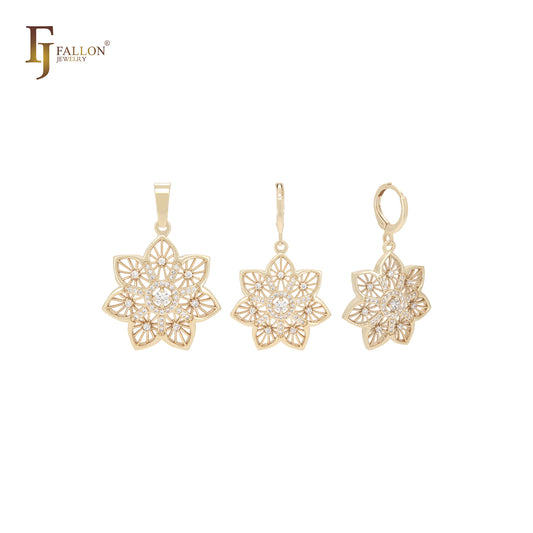 Conjunto de joyas de oro de 14 quilates con colgante y circonitas blancas en forma de caleidoscopio radiactivo de heptágono con copos de nieve
