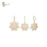 Conjunto de joyas de oro de 14 quilates con colgante y circonitas blancas en forma de caleidoscopio radiactivo de heptágono con copos de nieve