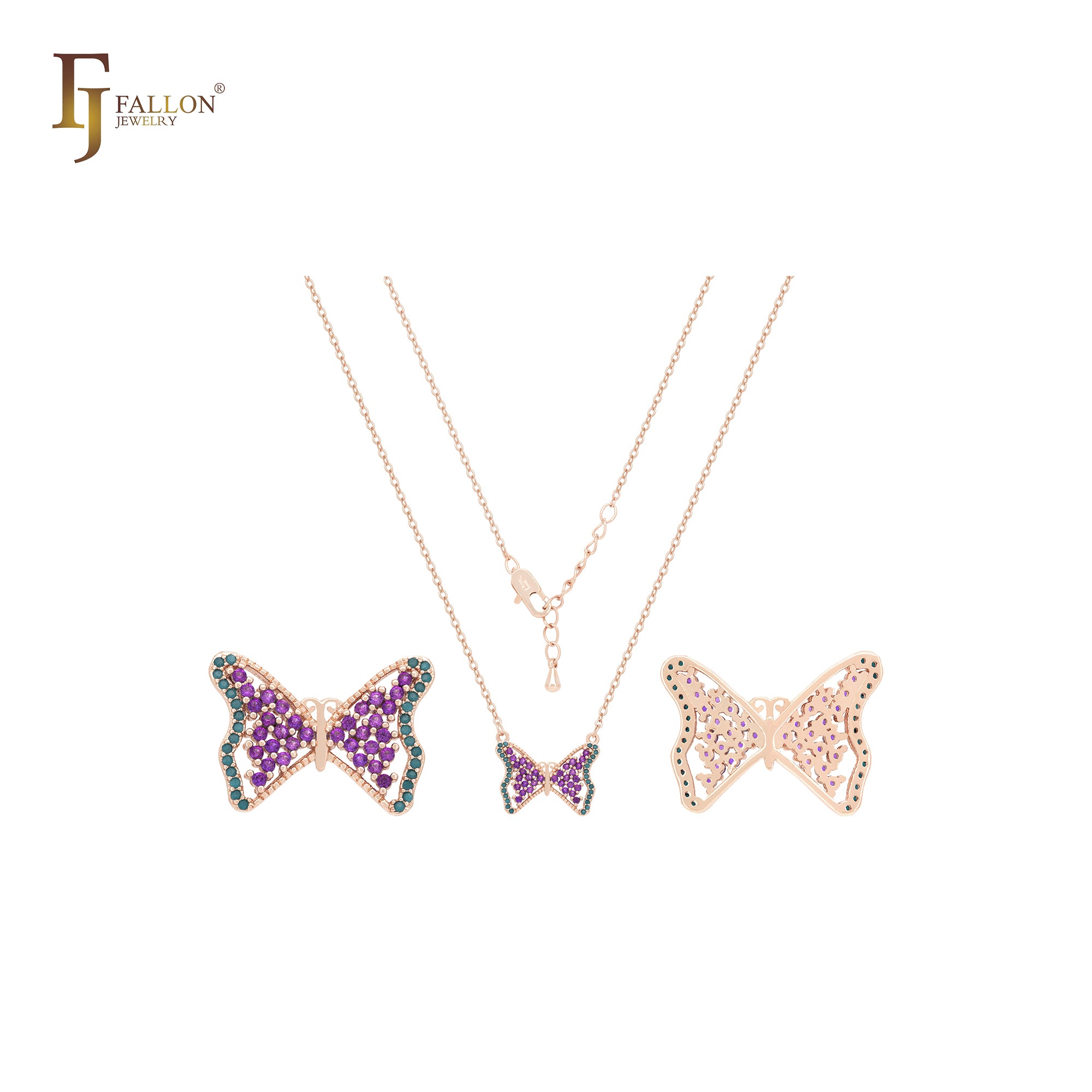 Collar de oro de 14 quilates con mariposas de circonitas de colores