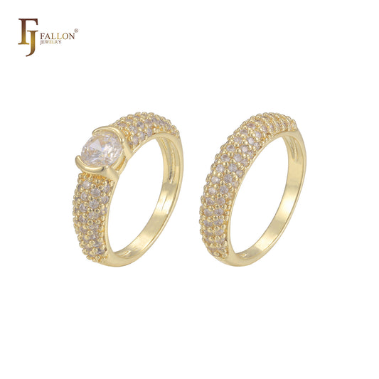 Paved white CZs Solitaire 14K Gold Wedding Set Rings