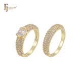 Paved white CZs Solitaire 14K Gold Wedding Set Rings