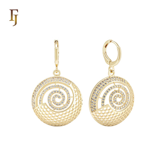 Drop Halo spinning white CZs and net 14K Gold Huggie Earrings