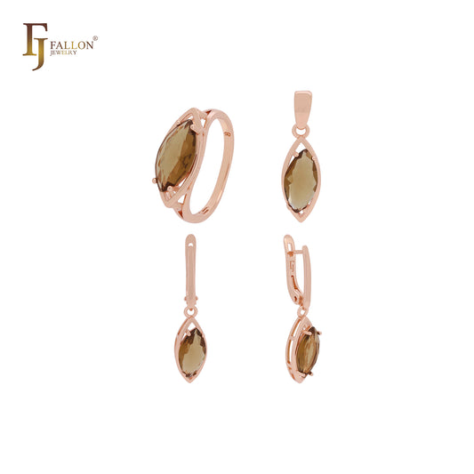 Conjunto de joyas de oro rosa con circonitas cúbicas en solitario color café marquesa, anillos y colgante