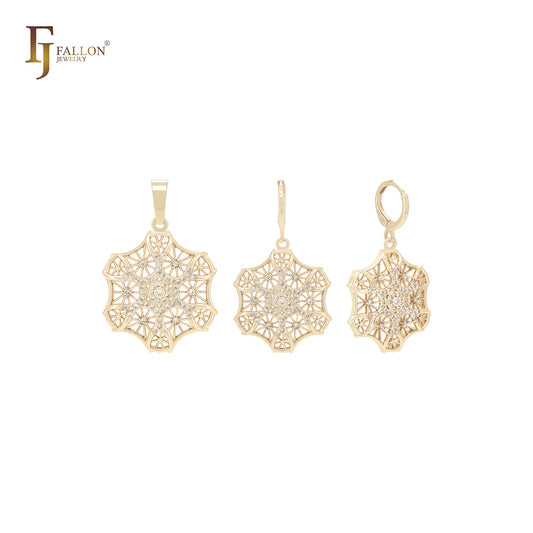 Conjunto de joyas de oro de 14 quilates con filigrana hexagonal de circonitas blancas y copo de nieve con colgante