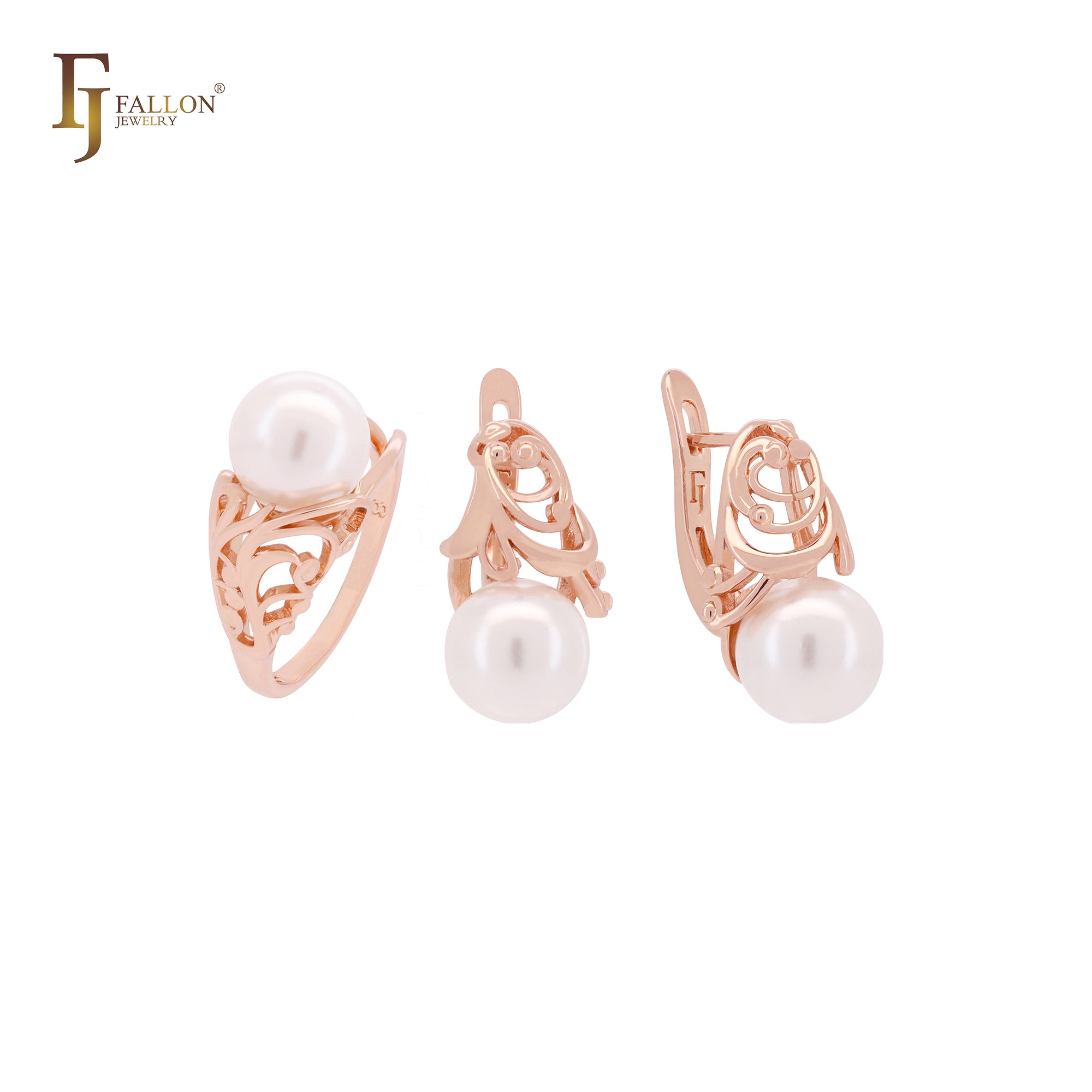 Conjunto de joyas de oro rosa con perlas y filigrana fructífera y anillos