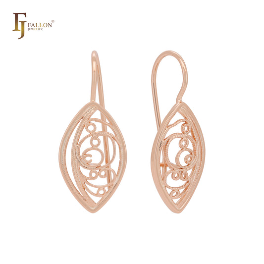 Pendientes de gancho de alambre de oro rosa con forma de marquesa y textura de filigrana