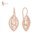Pendientes de gancho de alambre de oro rosa con forma de marquesa y textura de filigrana