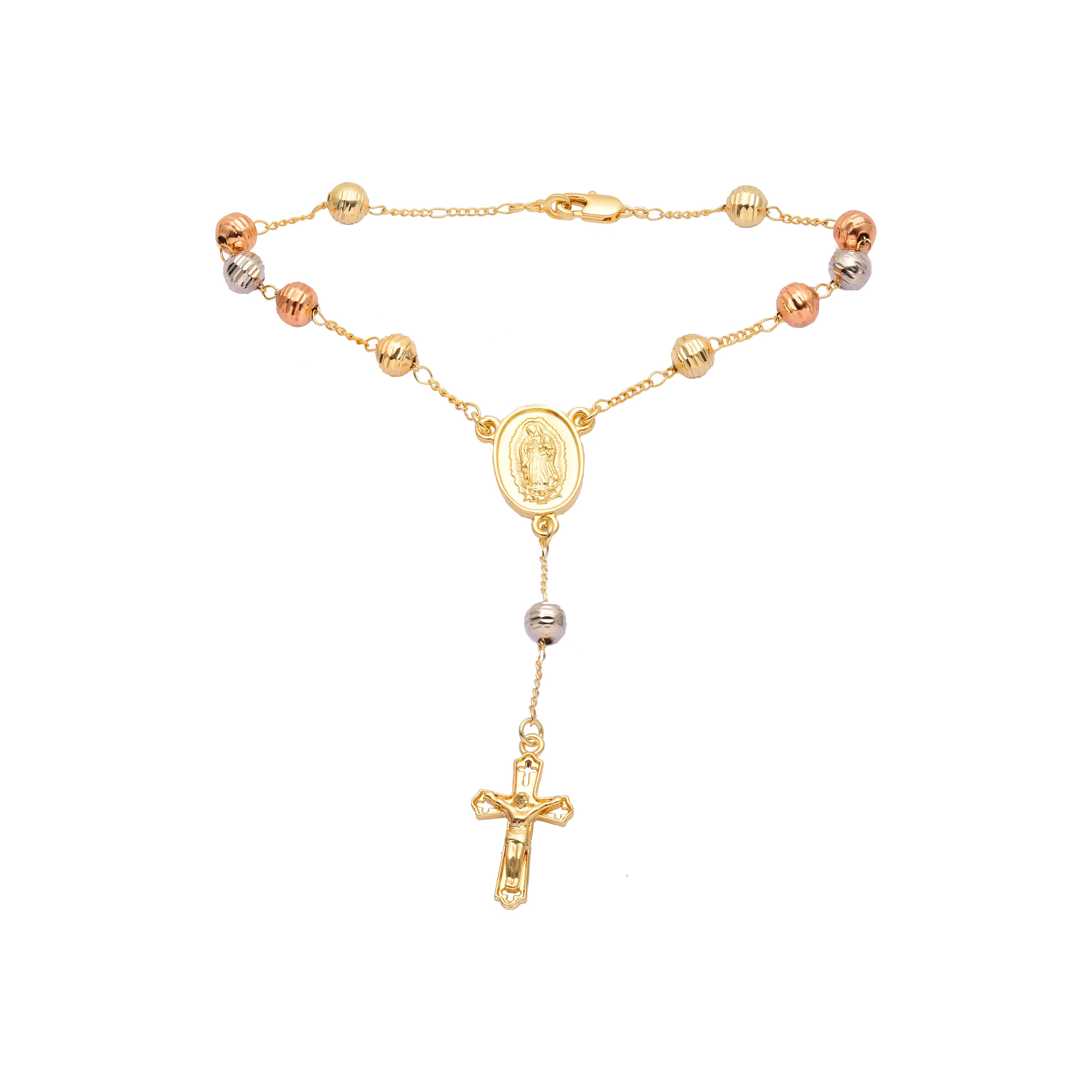 Italian Virgin of Guadalupe Catholic Rosary Necklace (Grooved Beads) plated in 14K Gold two tone