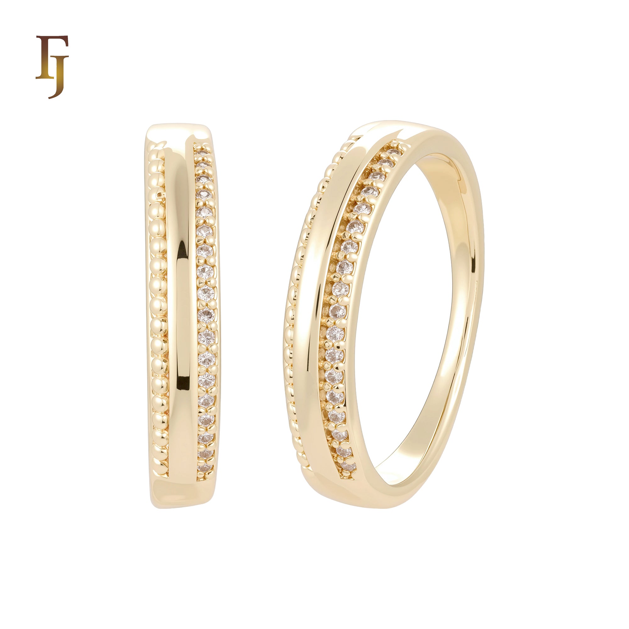 Eternity Double Bands of Beads and White CZs 14K Gold Wedding Band Rings