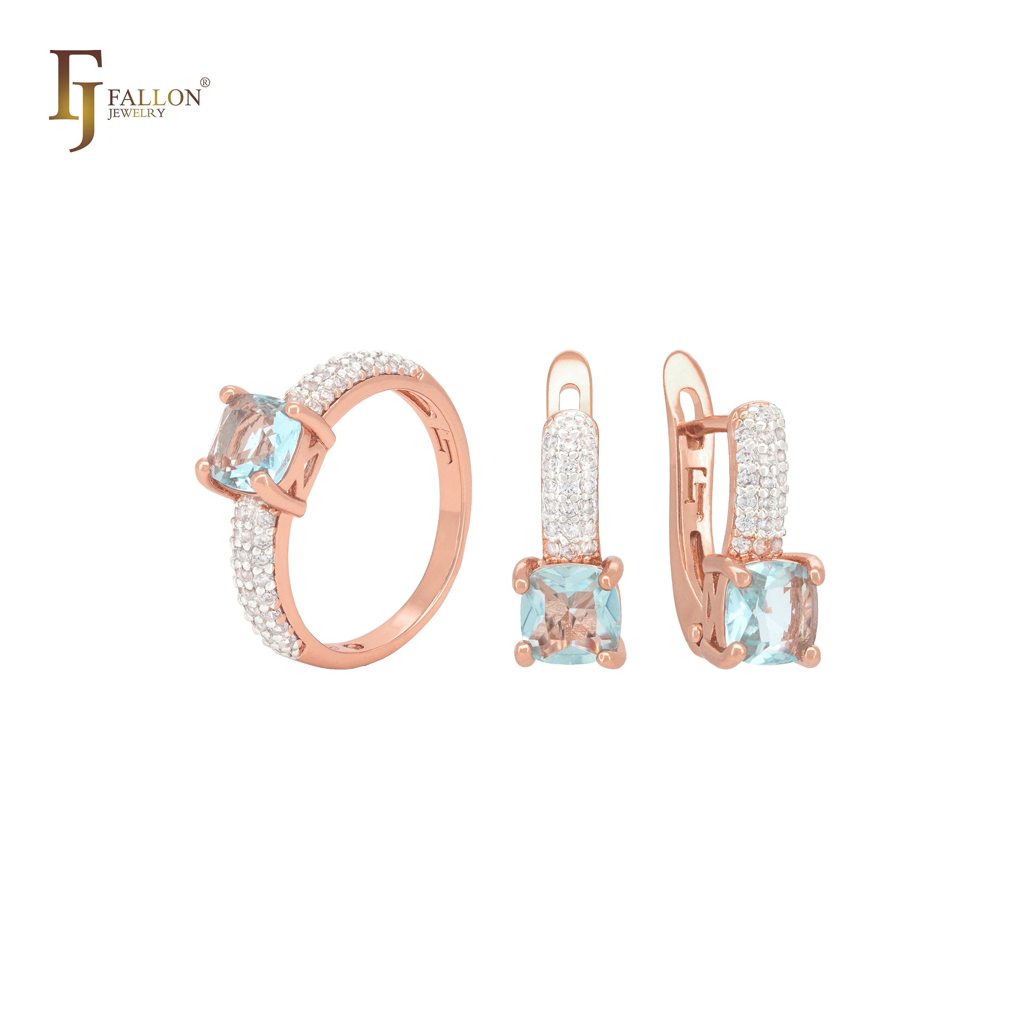 Lujosa banda de circonita blanca con triple pavé y circonita azul lago, conjunto de joyas de oro rosa con anillos.