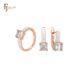 Lujosa banda de circonita blanca con triple pavé y circonita azul lago, conjunto de joyas de oro rosa con anillos.