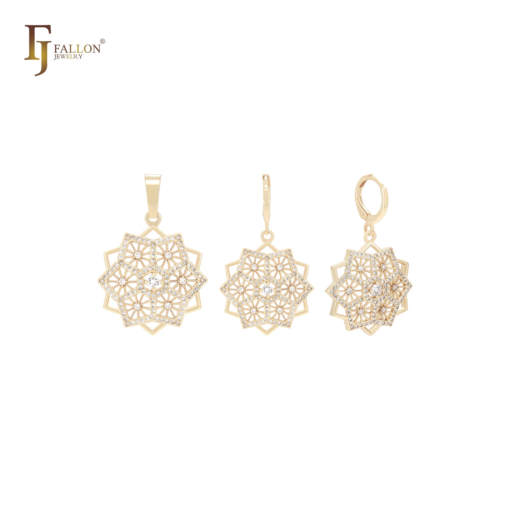 Conjunto de joyas de oro de 14 quilates con colgante de estrella de copo de nieve y circonitas blancas