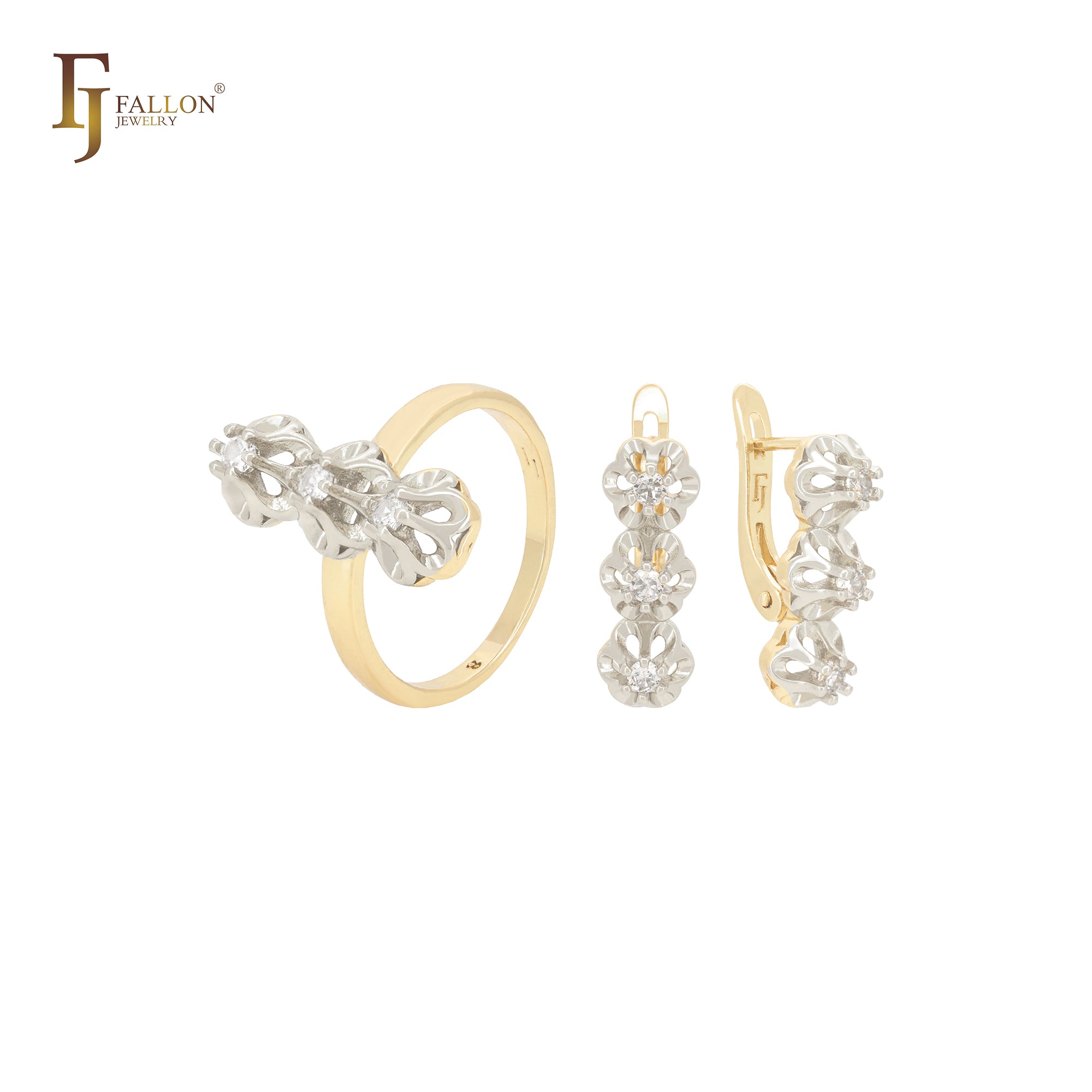 Schmuckset aus Roségold mit drei weißen Zirkoniasteinen und Ringen