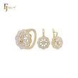 Gran conjunto de joyas de oro de 14 quilates en dos tonos con halo de flores de circonitas blancas y anillos.
